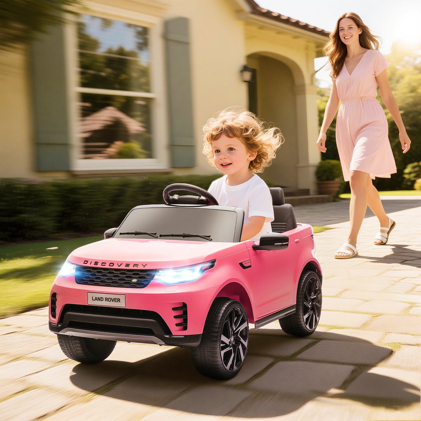 Land Rover Discovery Licensed 12V Kids Electric Car with Remote, 4 Wheel Suspension, Slow Start, Lights, Music, Pink