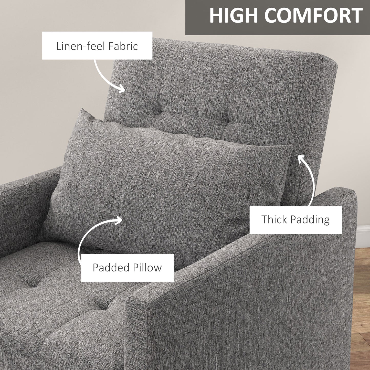3-In-1 Single Chair Bed with Adjustable Backrest, Pillow and Footrest for Living Room, Grey