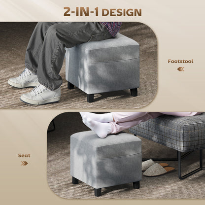 Square Footstool, Small Ottoman with Side Pocket, Linen Fabric Footrest Foot Stool with Rubber Wood Legs and Padded Seat for