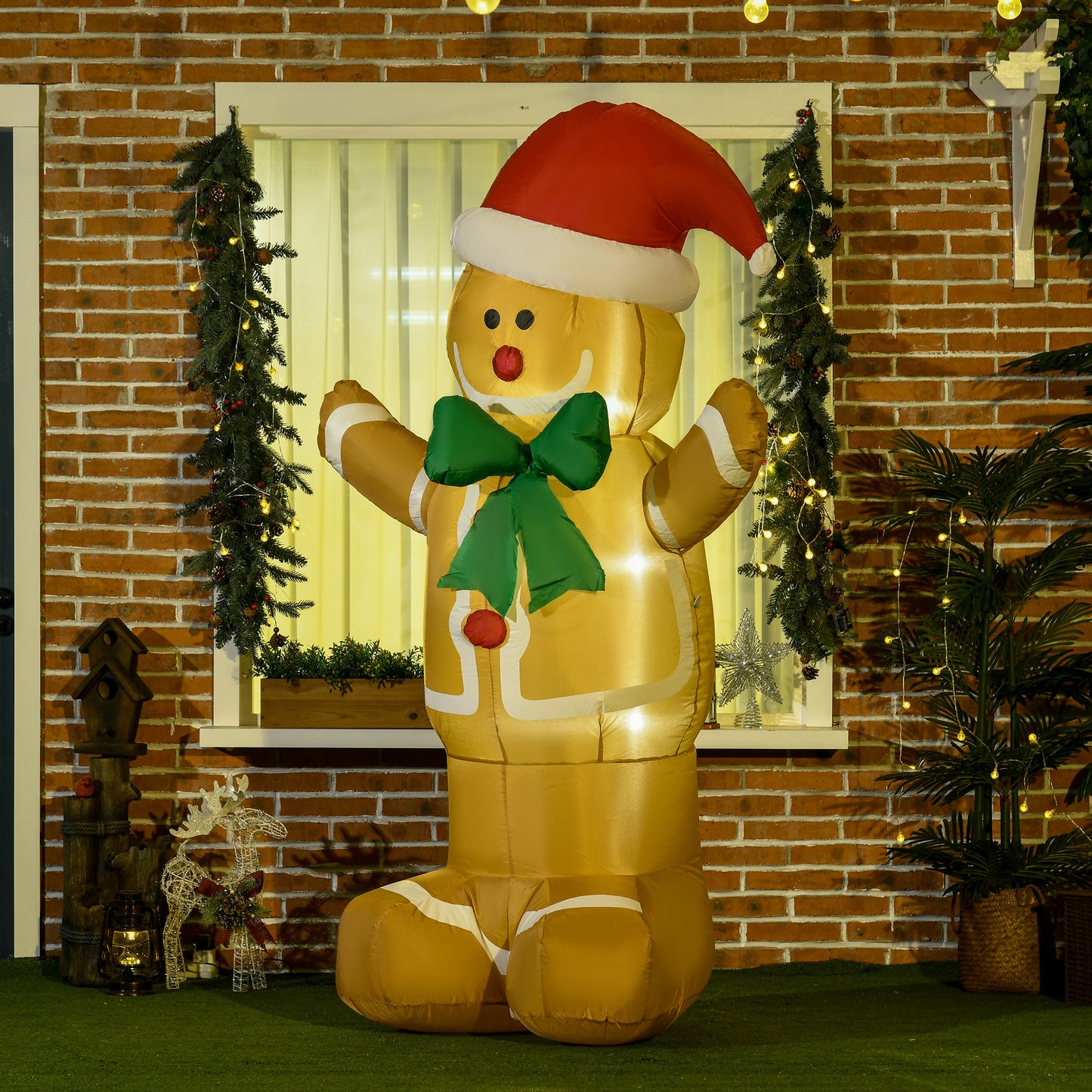 6ft Christmas Inflatable Gingerbread Man & Santa Hat Safe Outdoor Decoration w/ Accessories