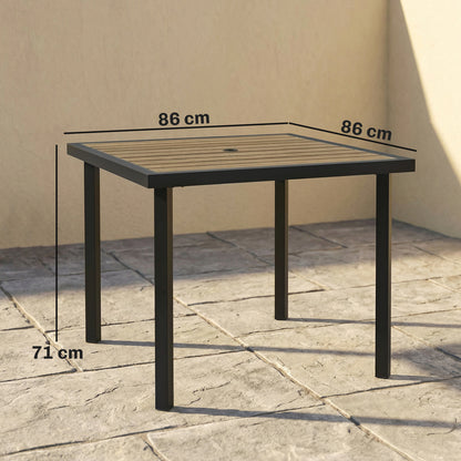 Square Garden Dining Table with 5.4cm Parasol Hole, Slatted Top, Metal Frame, 86 x 86 x 71cm, Brown