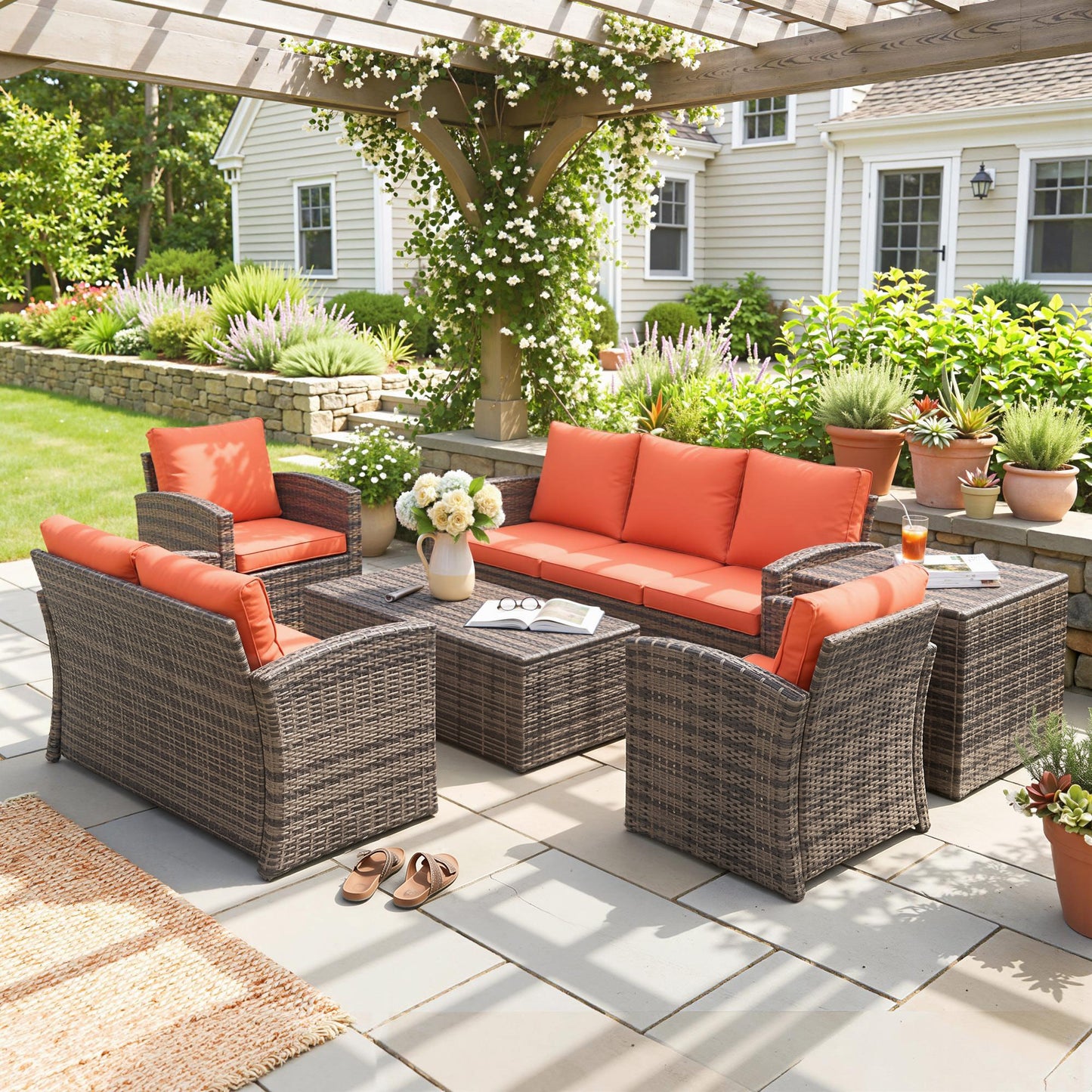 6 Pieces Rattan Garden Furniture Set, 7 Seater Wicker Outdoor Furniture Set with Storage Tea Table & Side Table