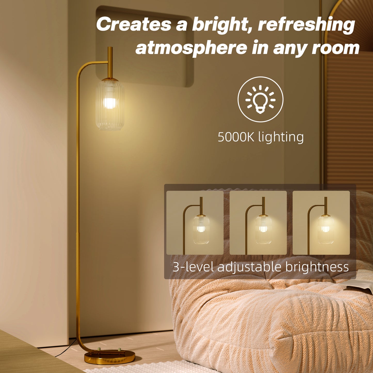 LED Floor Lamp for Living Room with Glass Lampshade, Modern Standing Lamp with Foot Switch, Adjustable Brightness