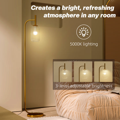LED Floor Lamp for Living Room with Glass Lampshade, Modern Standing Lamp with Foot Switch, Adjustable Brightness
