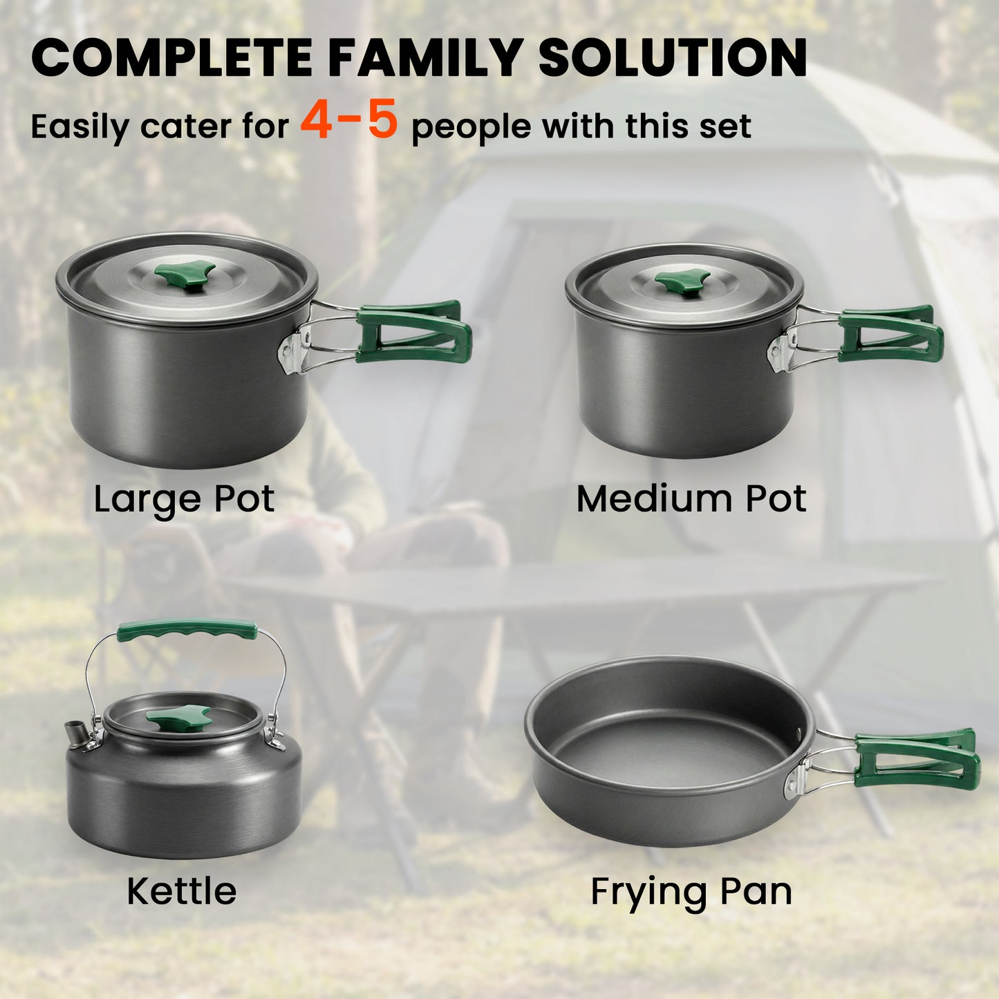 Camping Cookware Set for 4-5 People, Lightweight Aluminium Camping Cooking Kit with Anti-Scald Handles, Grey