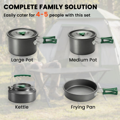 Camping Cookware Set for 4-5 People, Lightweight Aluminium Camping Cooking Kit with Anti-Scald Handles, Grey