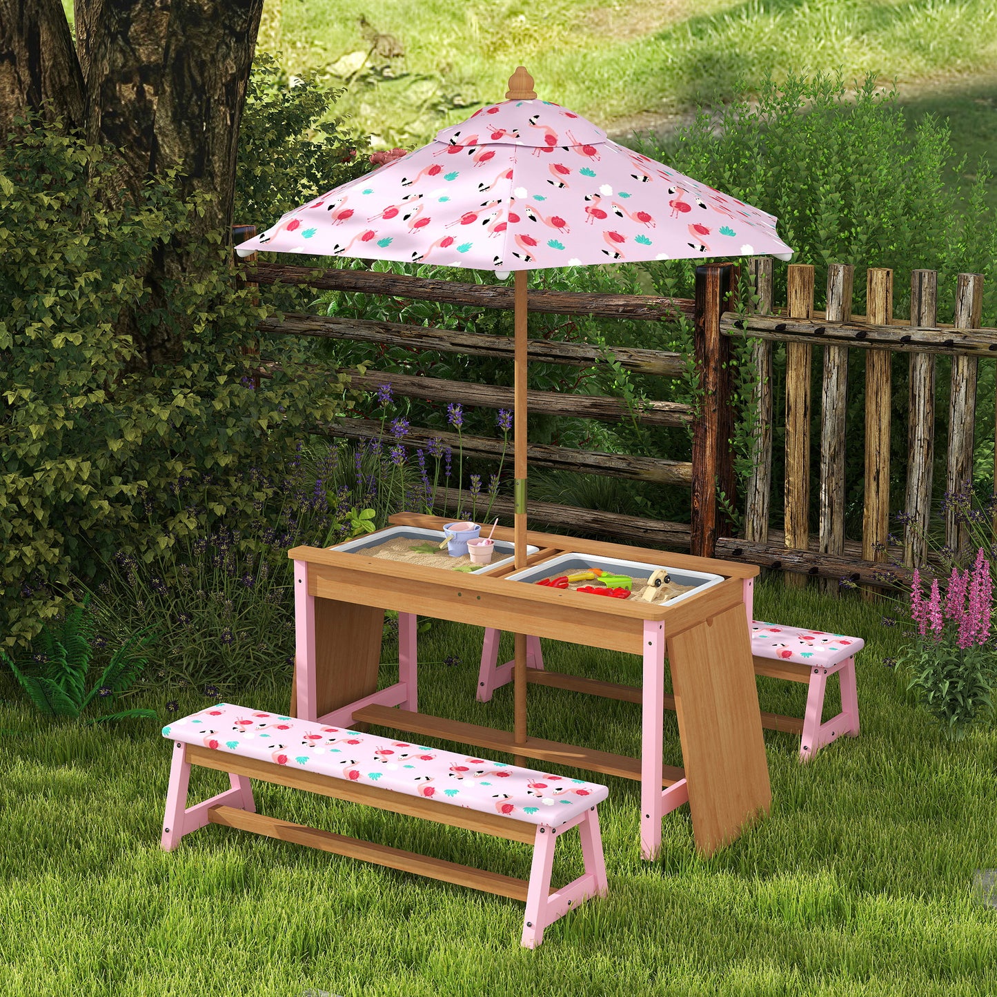 Kids Picnic Table Set with Removable & Foldable Umbrella, Storage Boxes, Flamingo Theme, Pink