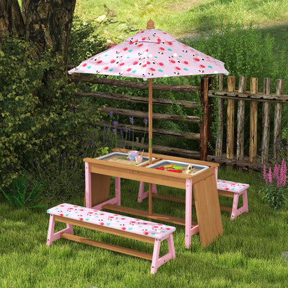 Kids Picnic Table Set with Removable & Foldable Umbrella, Storage Boxes, Flamingo Theme, Pink