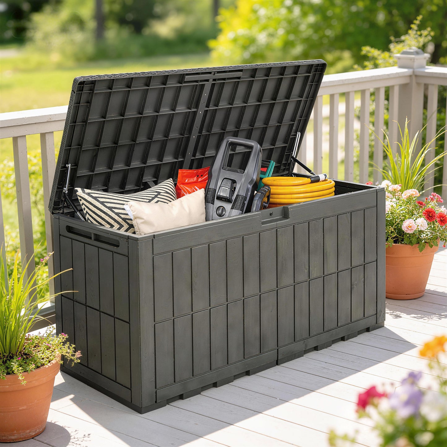 440L Garden Storage Box, Waterproof & UV Resistant Resin Deck Box with Lockable Lid, Pneumatic Gas Rods, Side Handles