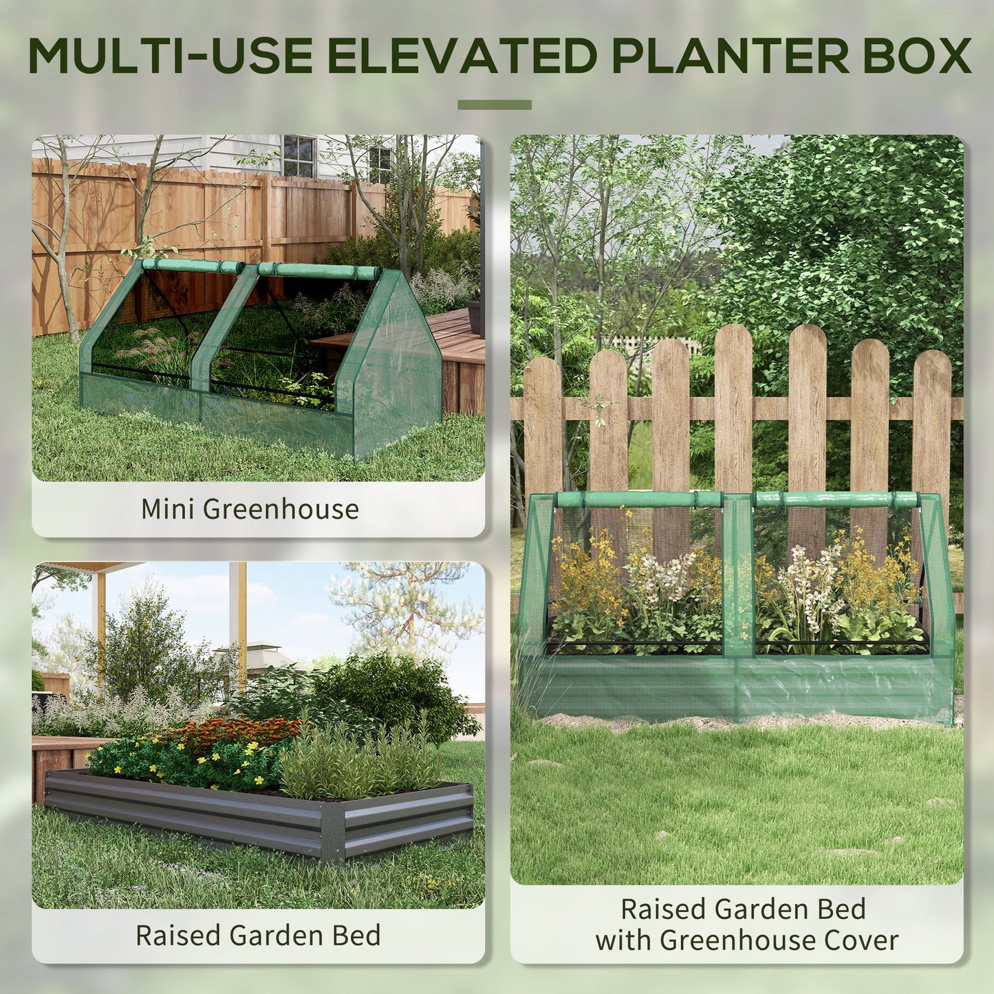 Metal Planter Box with Cover, Raised Garden Bed with Greenhouse, for Herbs and Vegetables, Green and Dark Grey