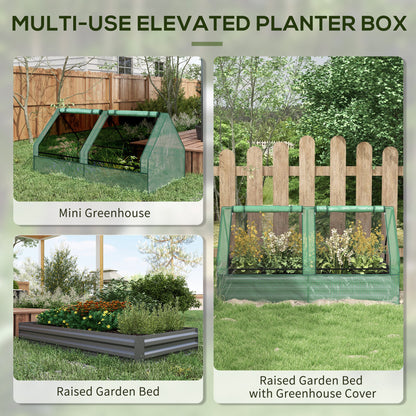 Metal Planter Box with Cover, Raised Garden Bed with Greenhouse, for Herbs and Vegetables, Green and Dark Grey