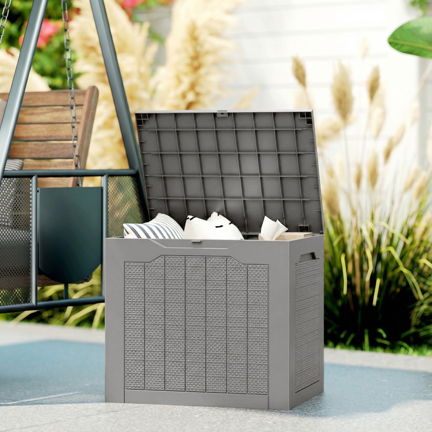 73L Plastic Garden Storage Box, Outdoor Storage Box with Handles, Waterproof Outdoor Storage Container, Khaki