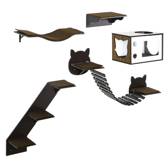 5 Piece Cat Wall Shelves, Wall-Mounted Cat Tree for Indoor Use - Brown