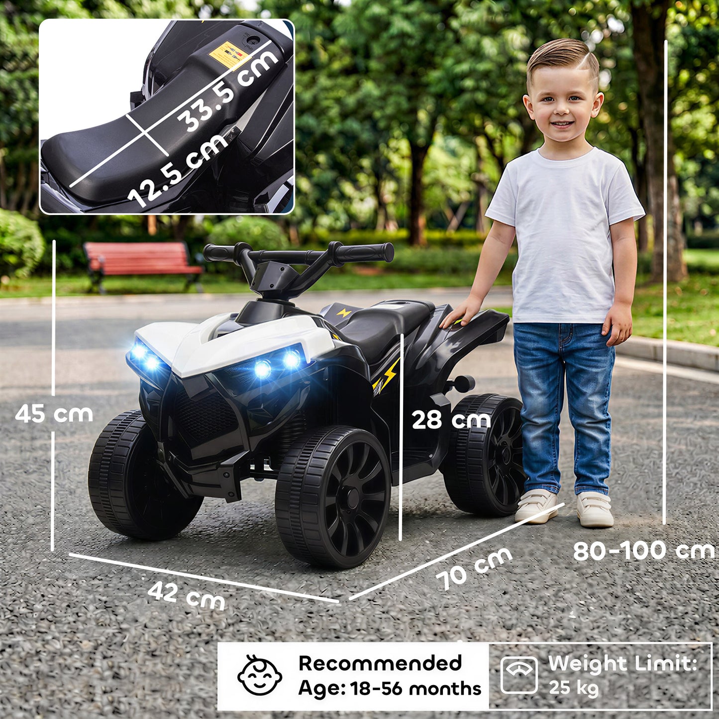 6V Kids ATV, 4 Wheeler Electric Ride on Car with Music and LED Headlights, for Ages 18-56 Months Boys and Girls, White