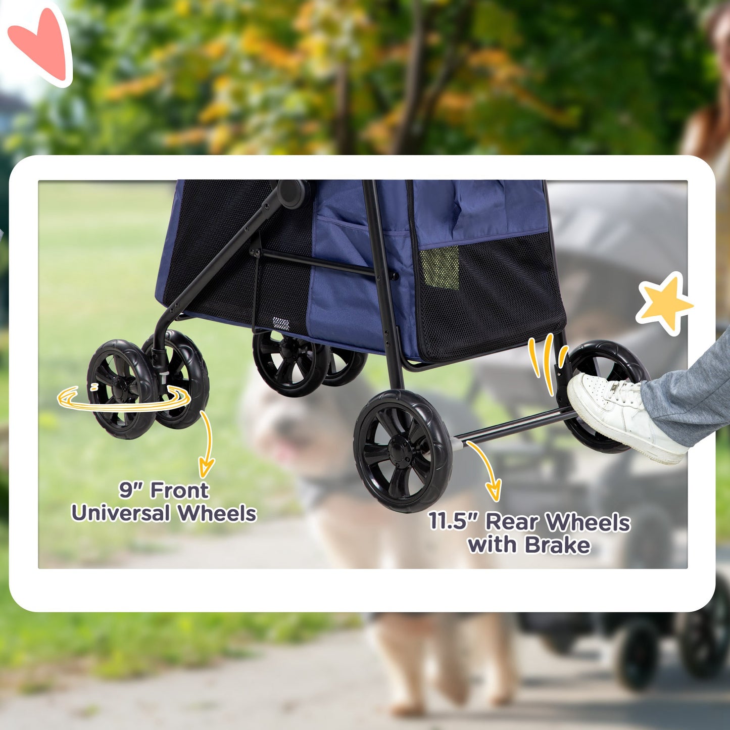 Dog Pram Dog Stroller 4 Wheels Pet Pushchair with Rolling Door, Cushion, Safety Leashes, for Small and Medium Breeds
