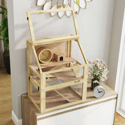 Wooden Hamster Cage with Detachable 32cm Deep Bottom, Hut, Seesaw, Exercise Wheel, Ramp, 60 x 40 x 75cm, Natural