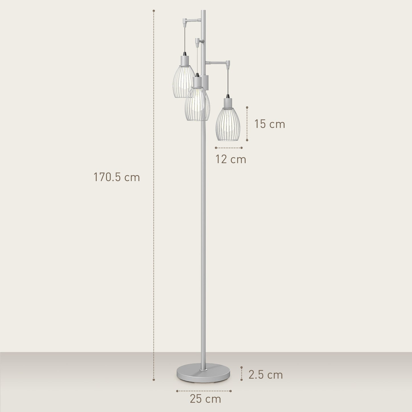 3-Light Floor Lamp, 170cm Industrial Dimmable Standing Lamp with Steel Wire Cage Lampshades for Living Room, Bedroom