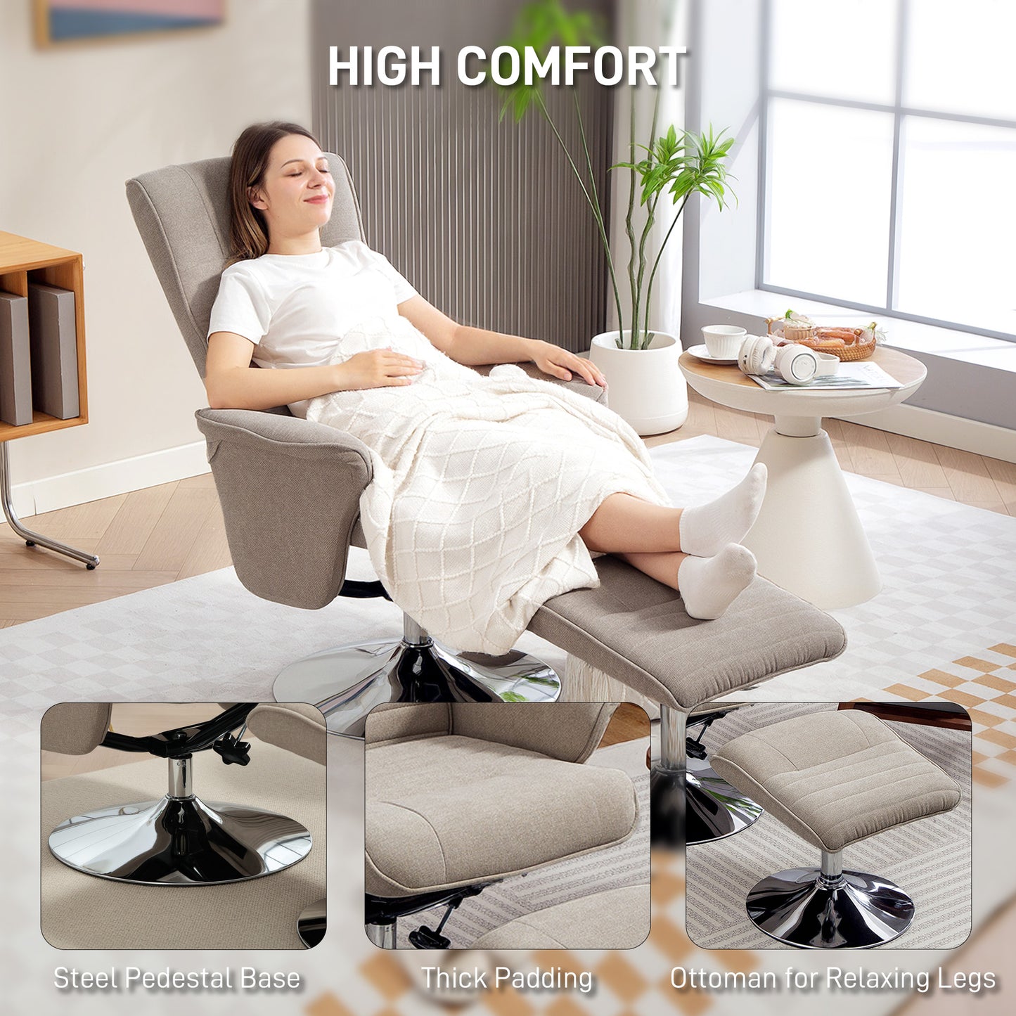 Swivel Recliner Chair with Footstool, Velvet Recliner Armchair with Ottoman, Steel Base