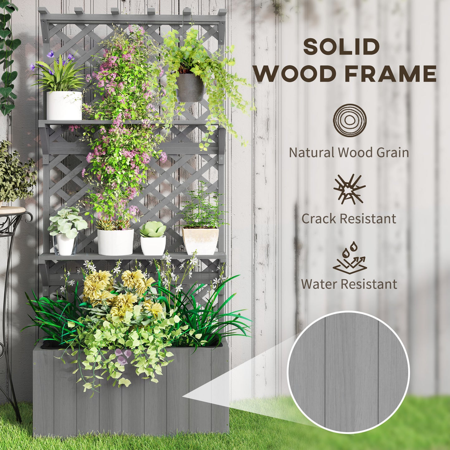 52L Wooden Planter, with Trellis and Shelves - Grey
