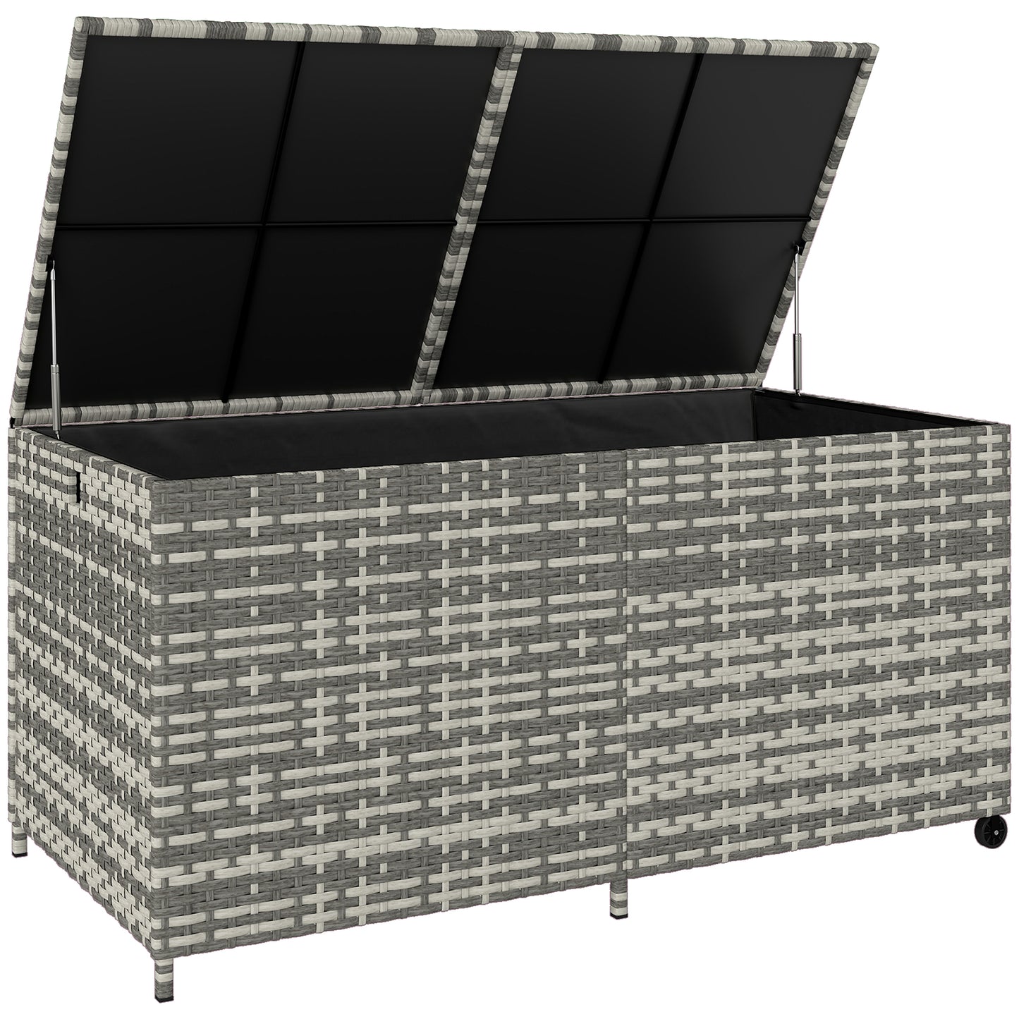 650L Garden Storage Box with 2 Wheels, Rattan Deck Box with Waterproof Zipped Liner, Safe Pneumatic Rods, Mixed Grey