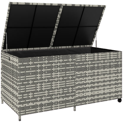 650L Garden Storage Box with 2 Wheels, Rattan Deck Box with Waterproof Zipped Liner, Safe Pneumatic Rods, Mixed Grey