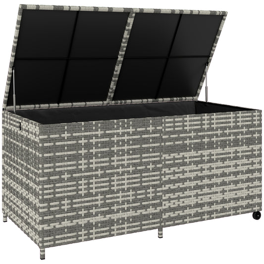 650L Garden Storage Box with 2 Wheels, Rattan Deck Box with Waterproof Zipped Liner, Safe Pneumatic Rods, Mixed Grey