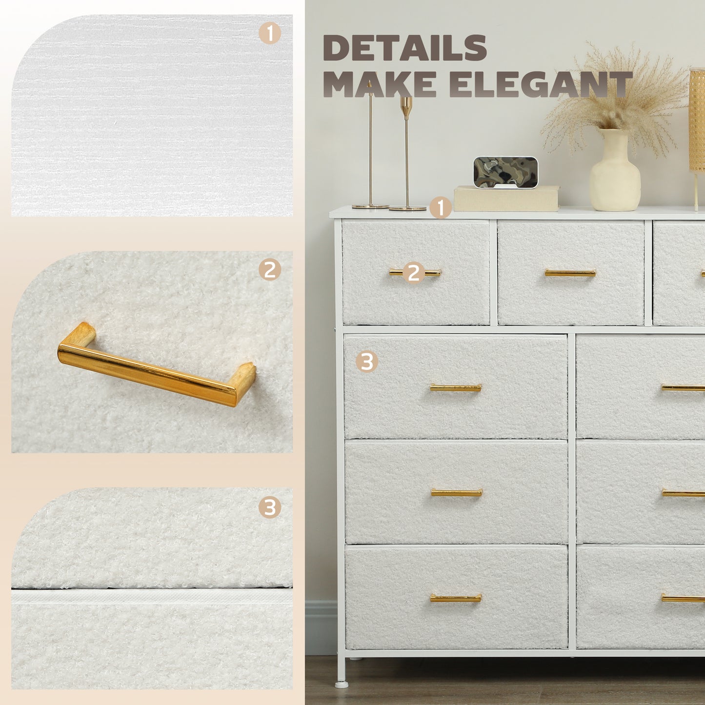 Chest of Drawers with 9 Fabric Drawers, Boucle Storage Organiser with Steel Frame, Fabric Dresser for Bedroom, Living Room