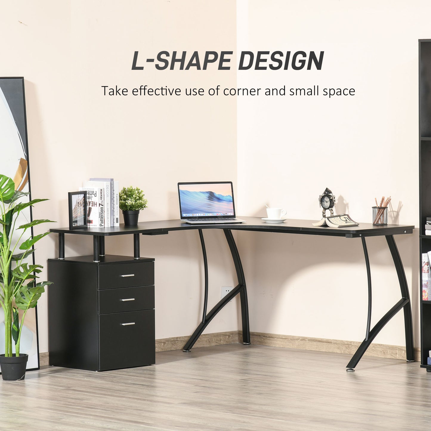 L-Shaped Computer Desk Table with Storage Drawer, Home Office Desk Corner Industrial Style Workstation for A4 Files 143.5 x 1