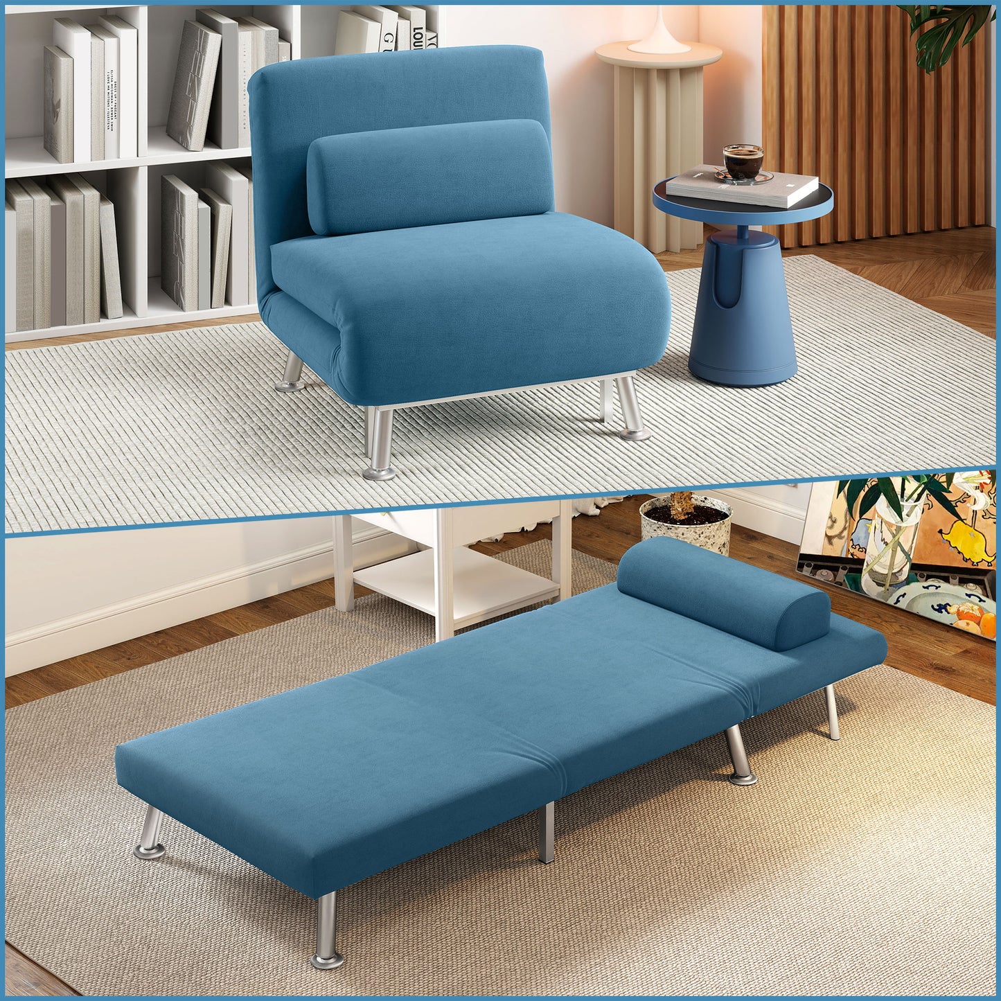 Single Velvet-Feel Sleeper Chair - Blue