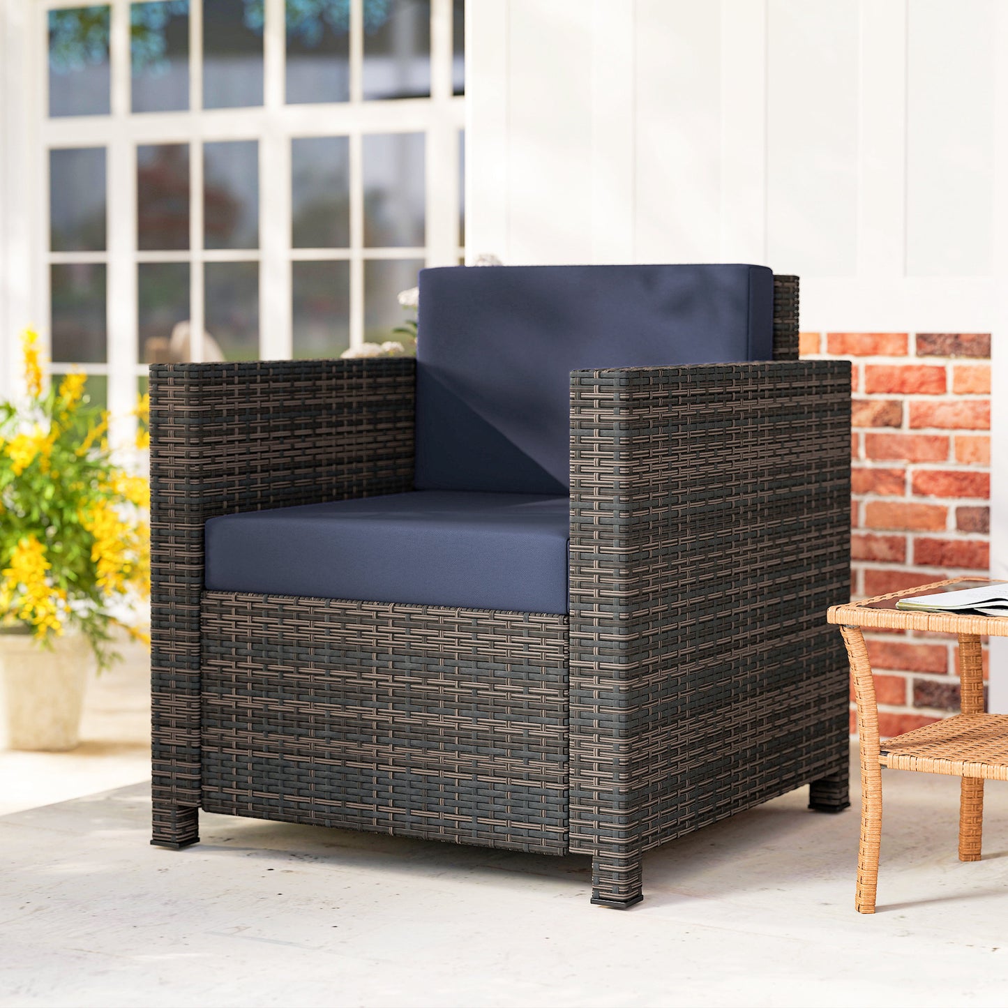 PE Rattan Garden Armchair with Cushion - Mixed Brown/Navy Blue
