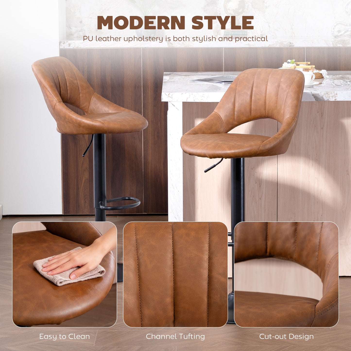 Bar Stools Set of 2, PU Leather Swivel Barstools with Backrest and Footrest for Kitchen, Counter, Breakfast Bar, Brown