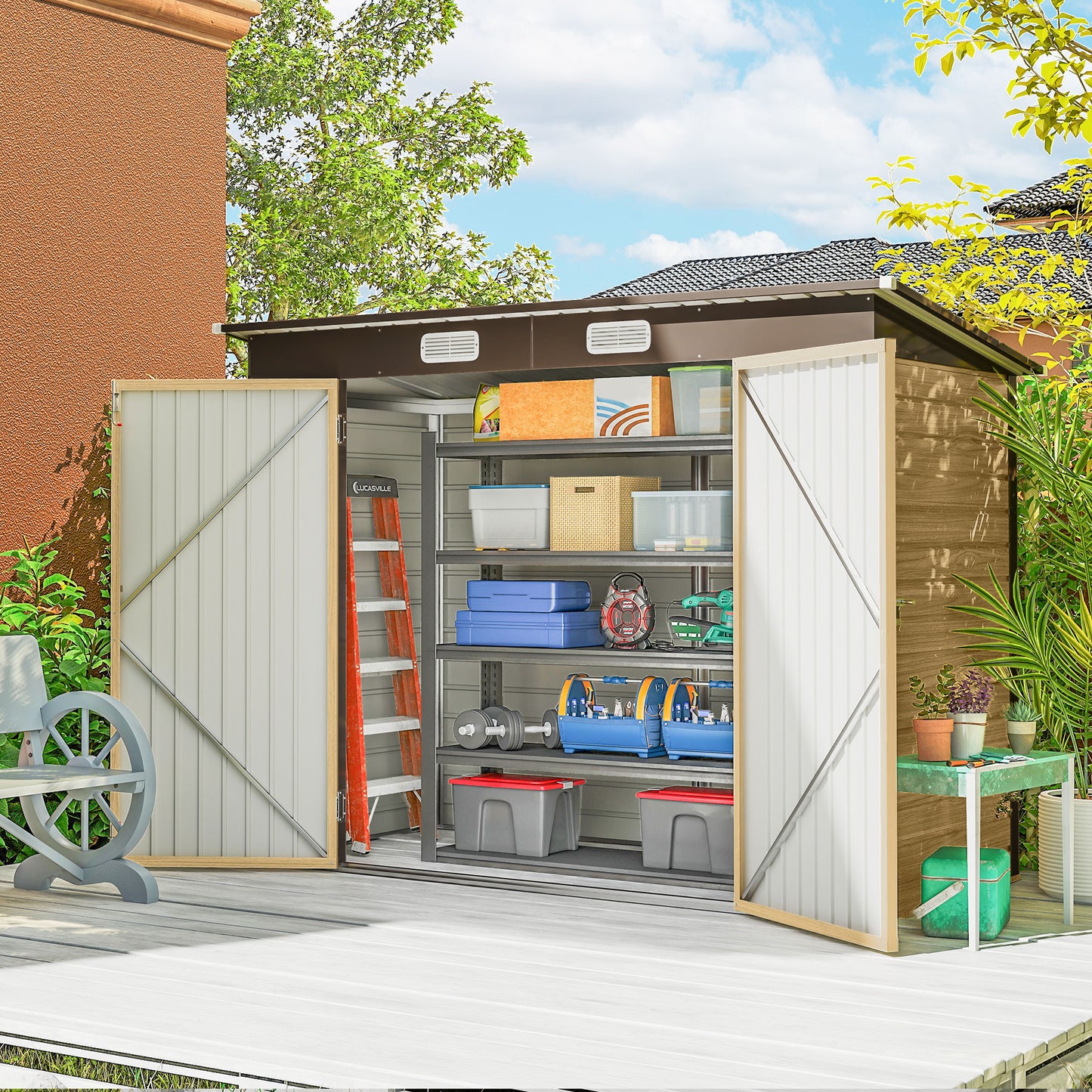 3.7 x 7.9ft Galvanised Steel Shed, with Latched Door and Padlock - Oak