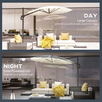 3(m) Cantilever Garden Parasol with Solar Powered Lights, Crank Handle & Cross Base, UPF 50+, 360° Rotation, Cream