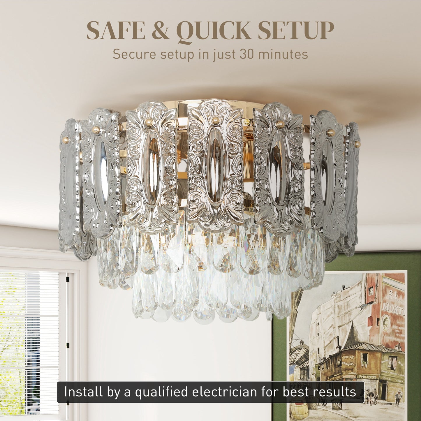 Chandelier Ceiling Light, 3-Light Flush Mount Fixture with Dual Crystal and Smoke Glass Shade