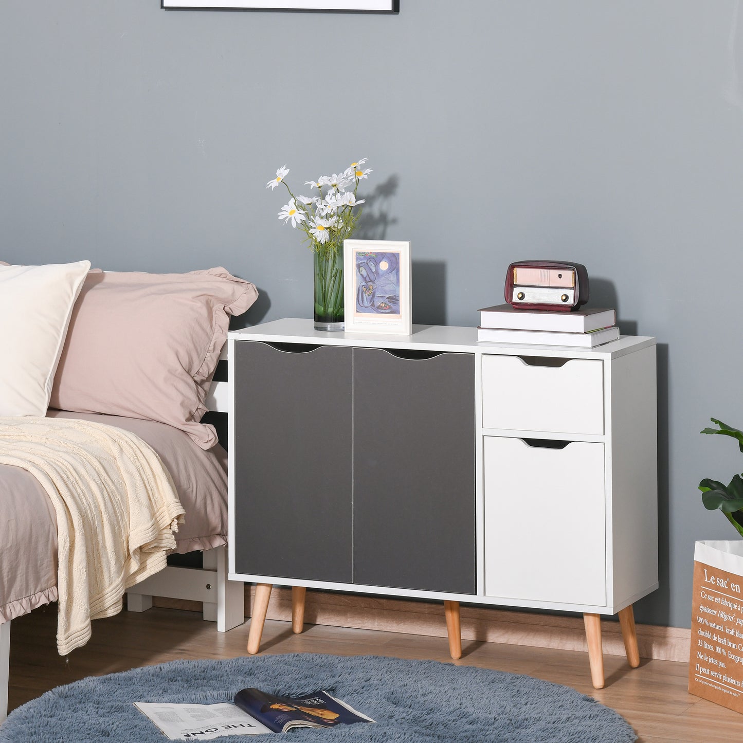 Sideboard Floor Standing Storage Cabinet with Drawer and Solid Wood Legs for Bedroom, Living Room, Home Office, Grey