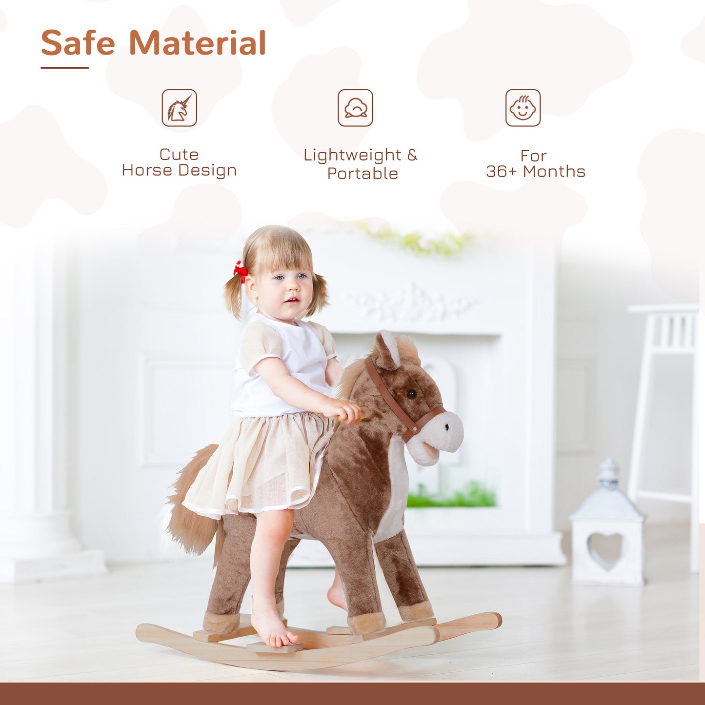Kids Children Plush Rocking Horse Wooden Base Ride On Toy Rocker with Handle Grip Traditional Toy Fun Gift for Age 3+ (Brown