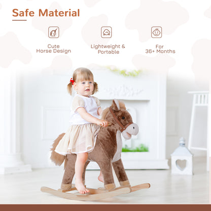 Kids Children Plush Rocking Horse Wooden Base Ride On Toy Rocker with Handle Grip Traditional Toy Fun Gift for Age 3+ (Brown