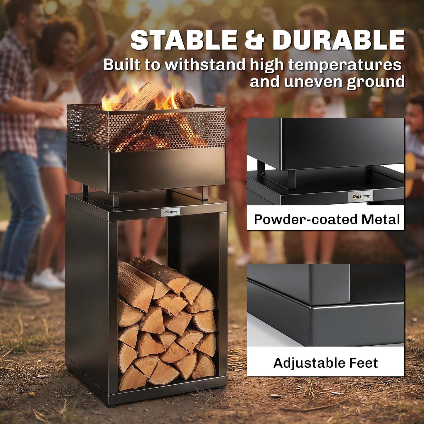 Outdoor Fire Pit with Wood Storage Wood Burning Firepit with Mesh Sides 87 cm Black