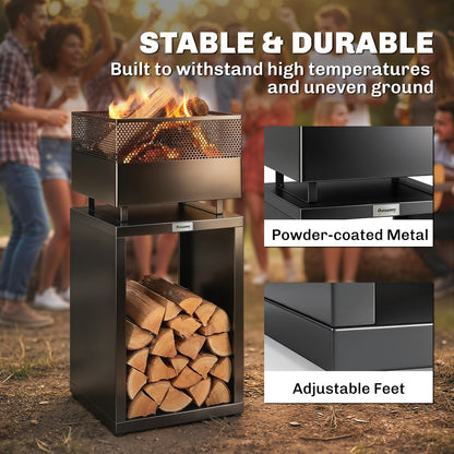 Outdoor Fire Pit with Wood Storage Wood Burning Firepit with Mesh Sides 87 cm Black