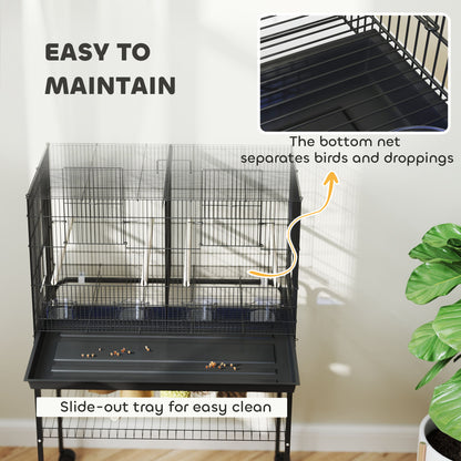 Bird Cage with Divider, 4 Wooden Perches, Slide Out Tray, 4 Feeders, for Budgie, Lovebird, Canary, 76 x 46 x 116cm Black