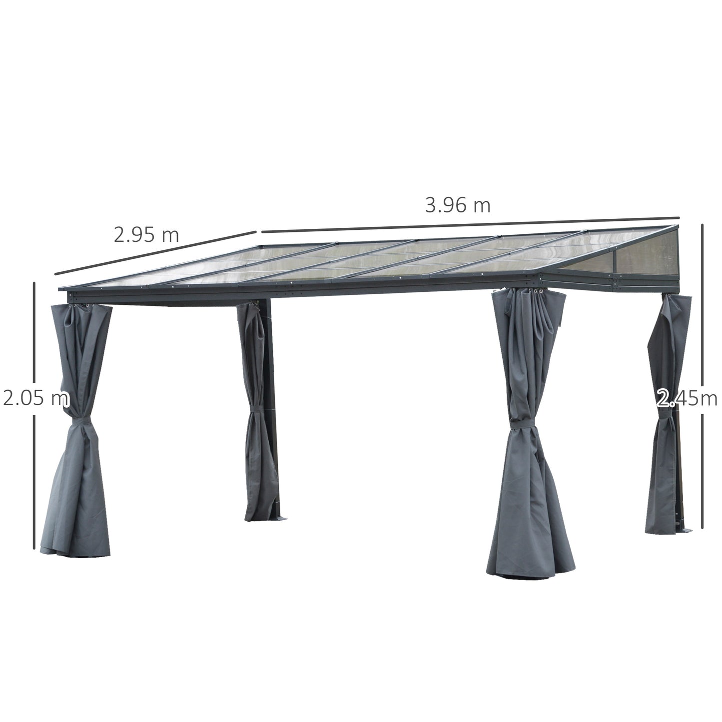 4 x 3(m) Outdoor Hardtop Gazebo with Curtains, Lean to Aluminium Pergola with Polycarbonate Roof