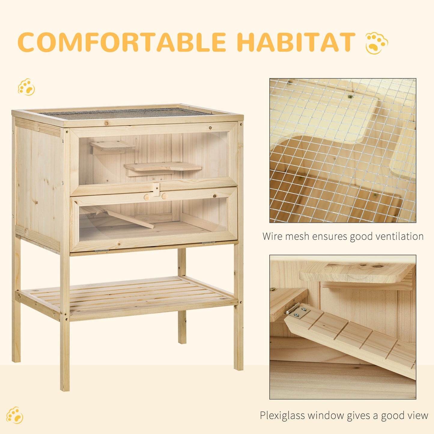 Wooden Hamster Cage with Storage Shelf, Small Animal Exercise Play House Gerbil Cage with Openable Top, Ramp for Gerbils