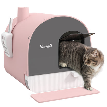 Hooded Cat Litter Box, Kitten Litter Tray, with Lid, Scoop, Filter, Flap Door, Pink