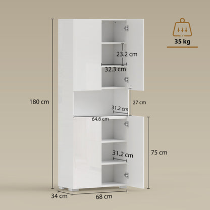 180 cm Tall Kitchen Cupboard, Pantry Storage Cabinet with Soft Close Doors and Adjustable Shelves, High Gloss White