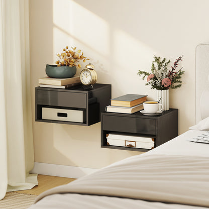 Floating Bedside Tables Set of 2, Wall Mounted Nightstand, High Gloss Black