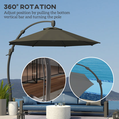 3(m) Garden Cantilever Parasol, Round Overhanging Umbrella with Crank Handle, Cross Base, Aluminium Frame and 360° Rotation