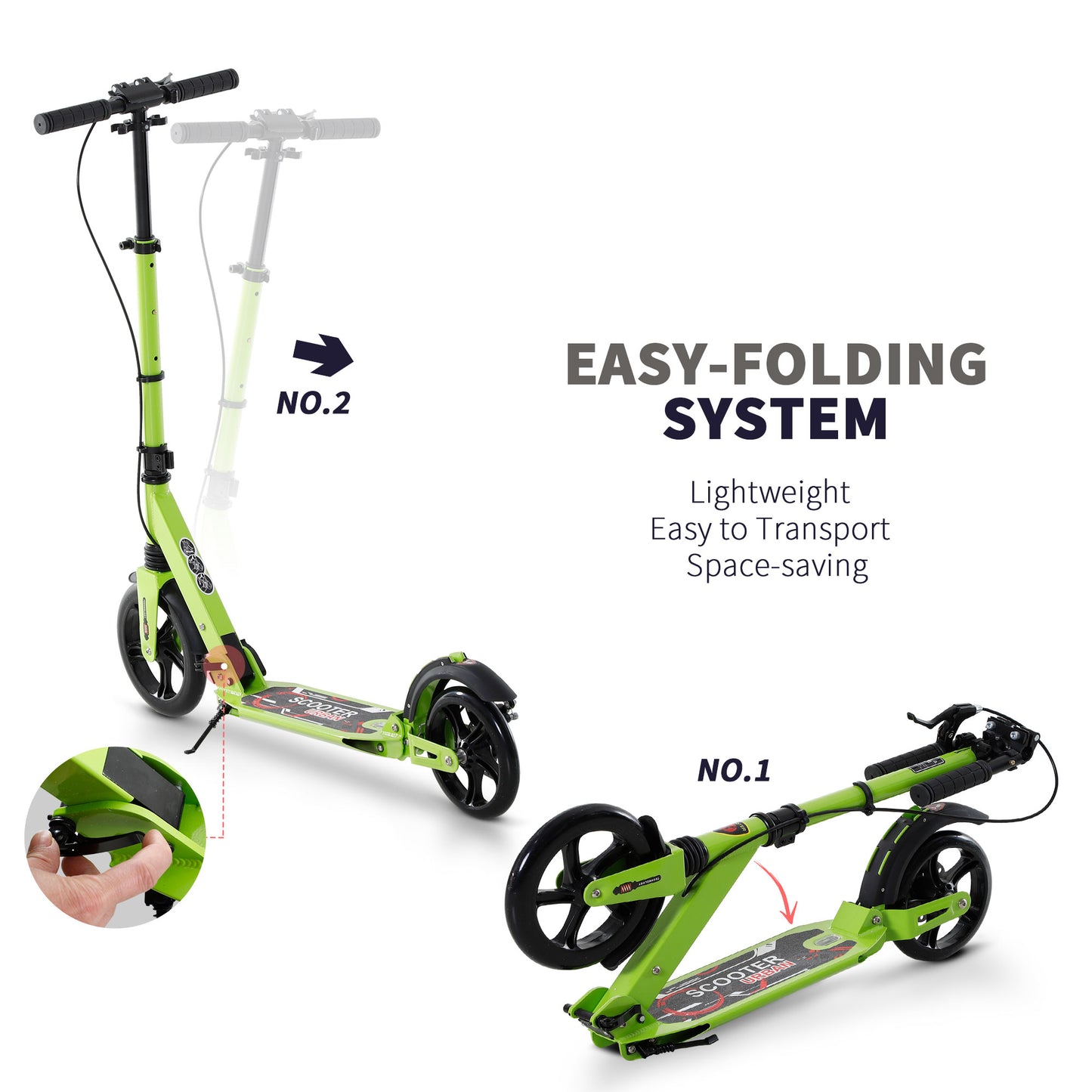 Kick Scooter, Folding 2 Wheel Scooter with Dual Brake System, Dual Suspension, 230mm Big Wheels and 3 Adjustable Handlebar