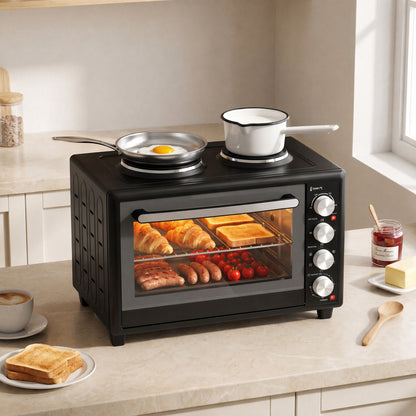 36L Mini Oven with Dual Hot Plates, Electric Countertop Cooker with Convection, 90–230°C Adjustable Temperature