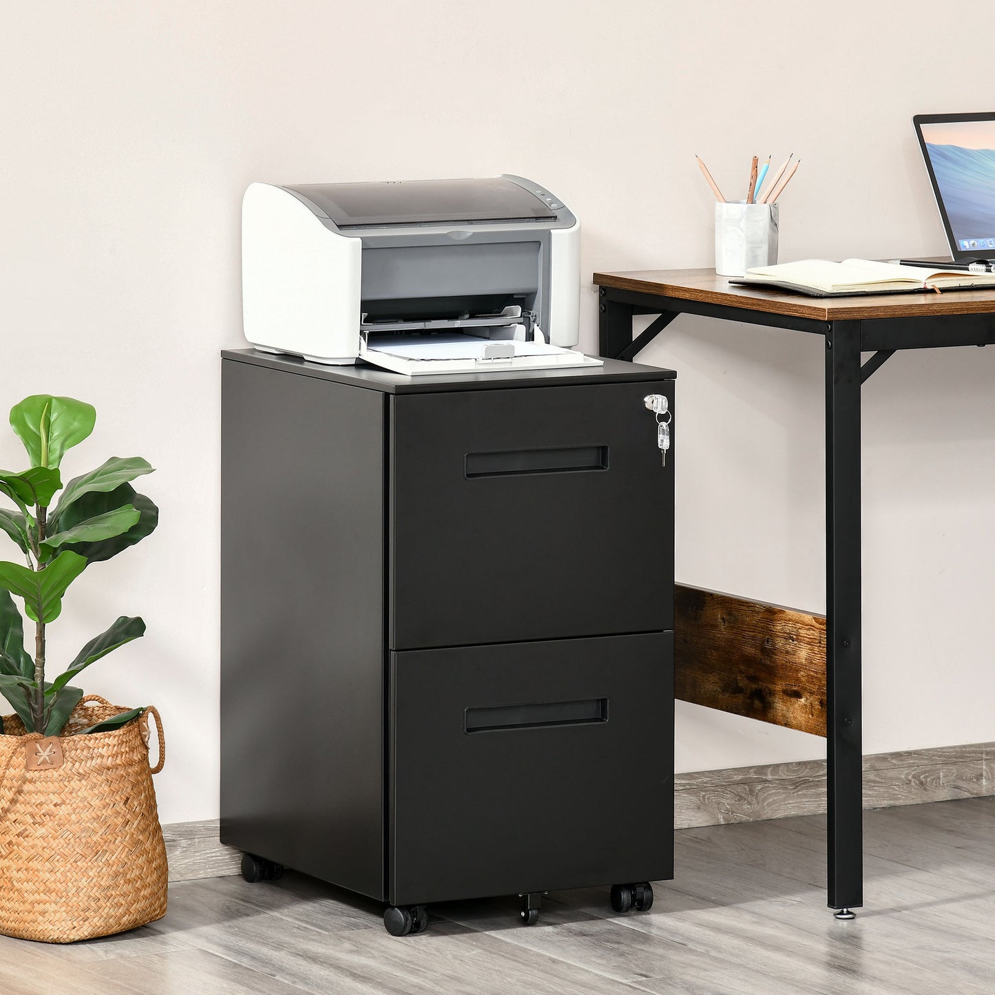 Metal Mobile File Cabinet with Wheels, Lockable 2 Drawer Filing Cabinet for A4, Legal, Letter