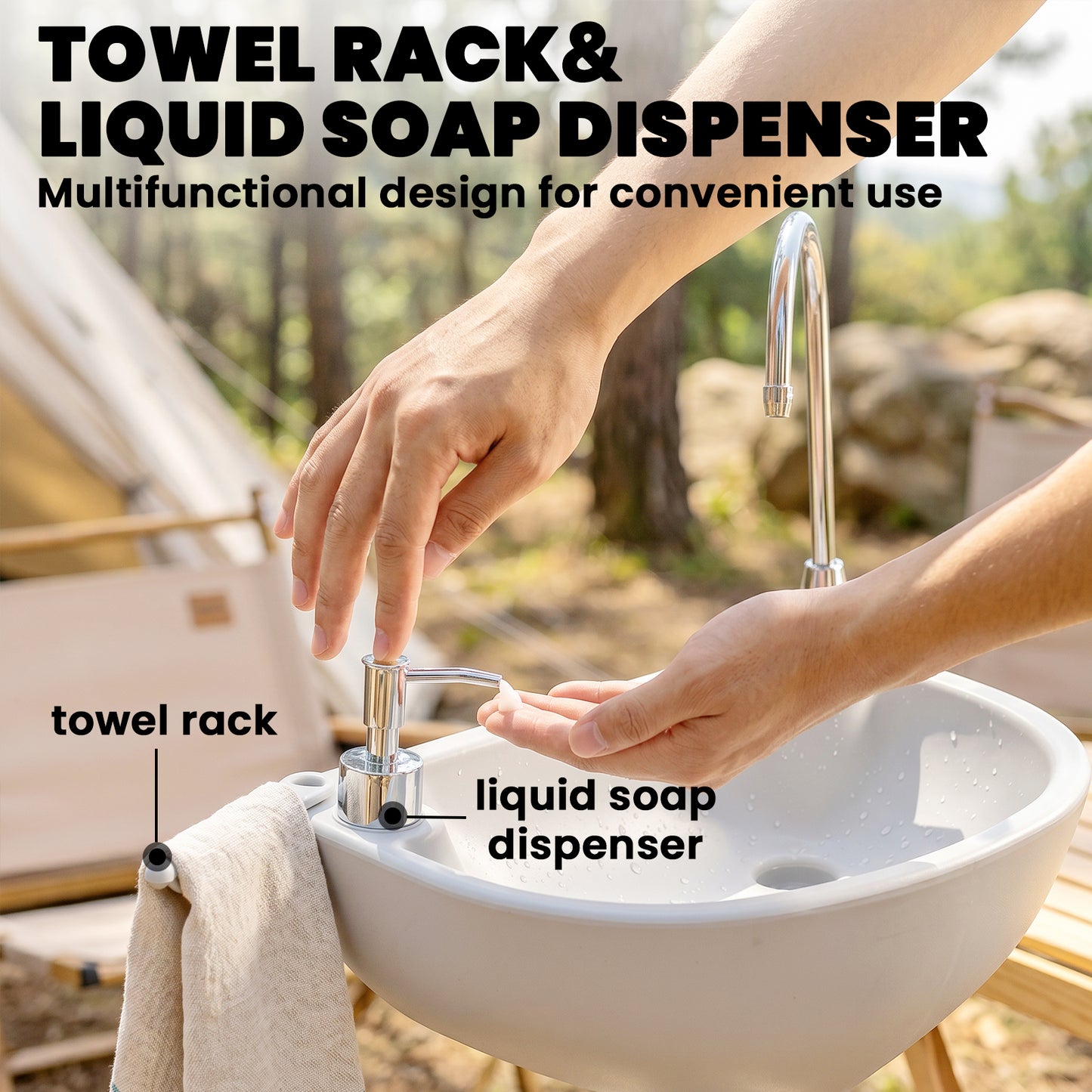 Camping Sink, 17L Portable Hand Wash Station with Towel Holder, Soap Dispenser and Rolling Wheels, Outdoor Sink for Events